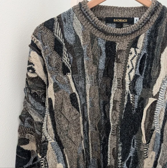 Vintage 90's Coogi Style Abstract Texture Chunky Crewneck Sweater In Tan/Black - Picture 3 of 8